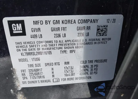 2021 Chevrolet Trailblazer Awd Lt из США, поврежденный, VIN KL79MRSL2MB116105